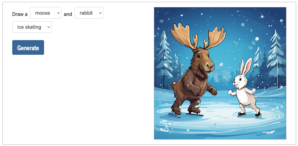 An example of an image generated with the prompt 'Draw a moose and rabbit ice skating'