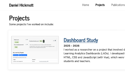 A screenshot of this website that shows the 'Dashboard Study' project listed on the Project page
